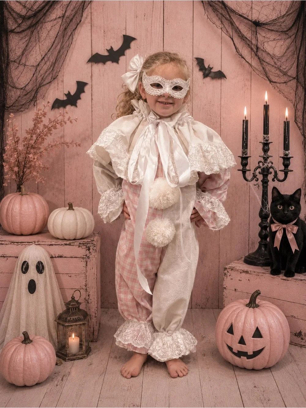 Kids Pink Pierrot Clown Costume with collar